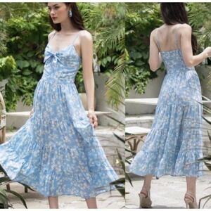 Yumi Kim Good Times Floral Tiered Ruffle Midi Dress Tie Front Blue Womens Sz XS